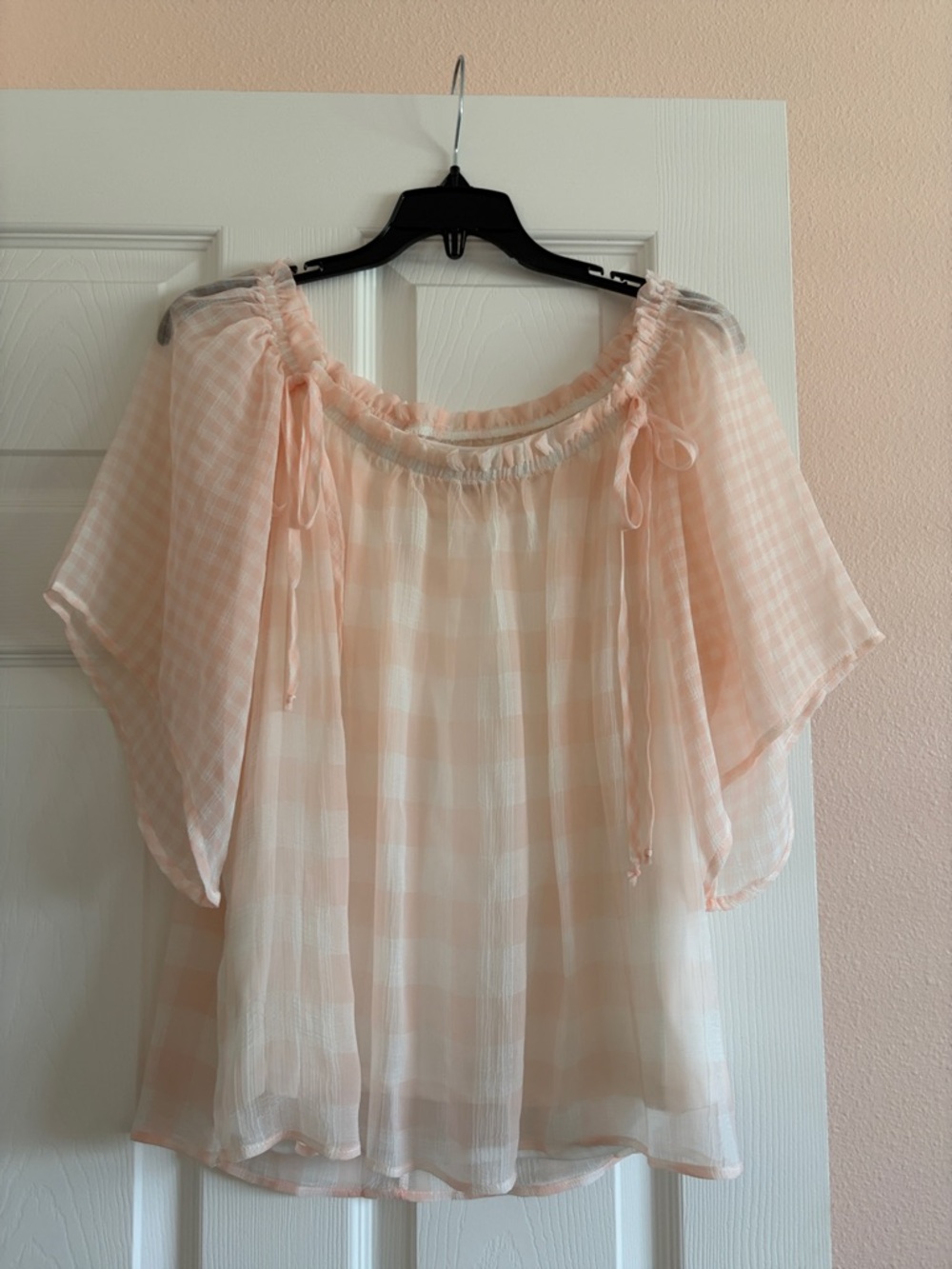 Chenault Peach Gingham Off-Shoulder Blouse
